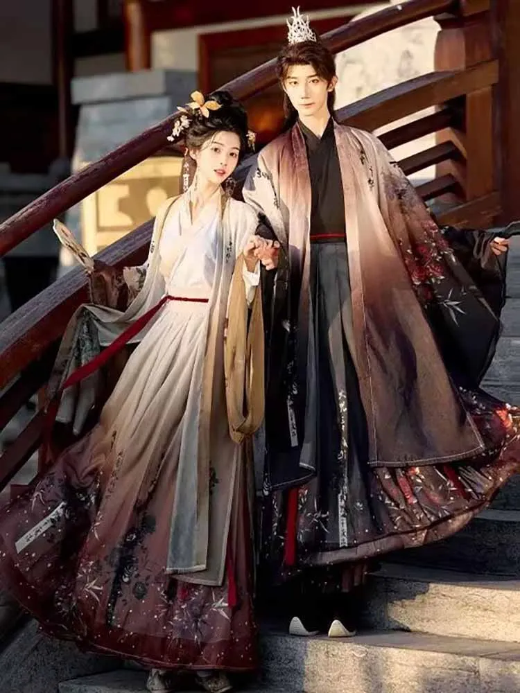 

Костюмы Ханьфу для мужчин и женщин: китайские комплекты с градиентным сине-коричневым принтом, парные наряды для Хэллоуина, косплей, вечеринок, большие размеры