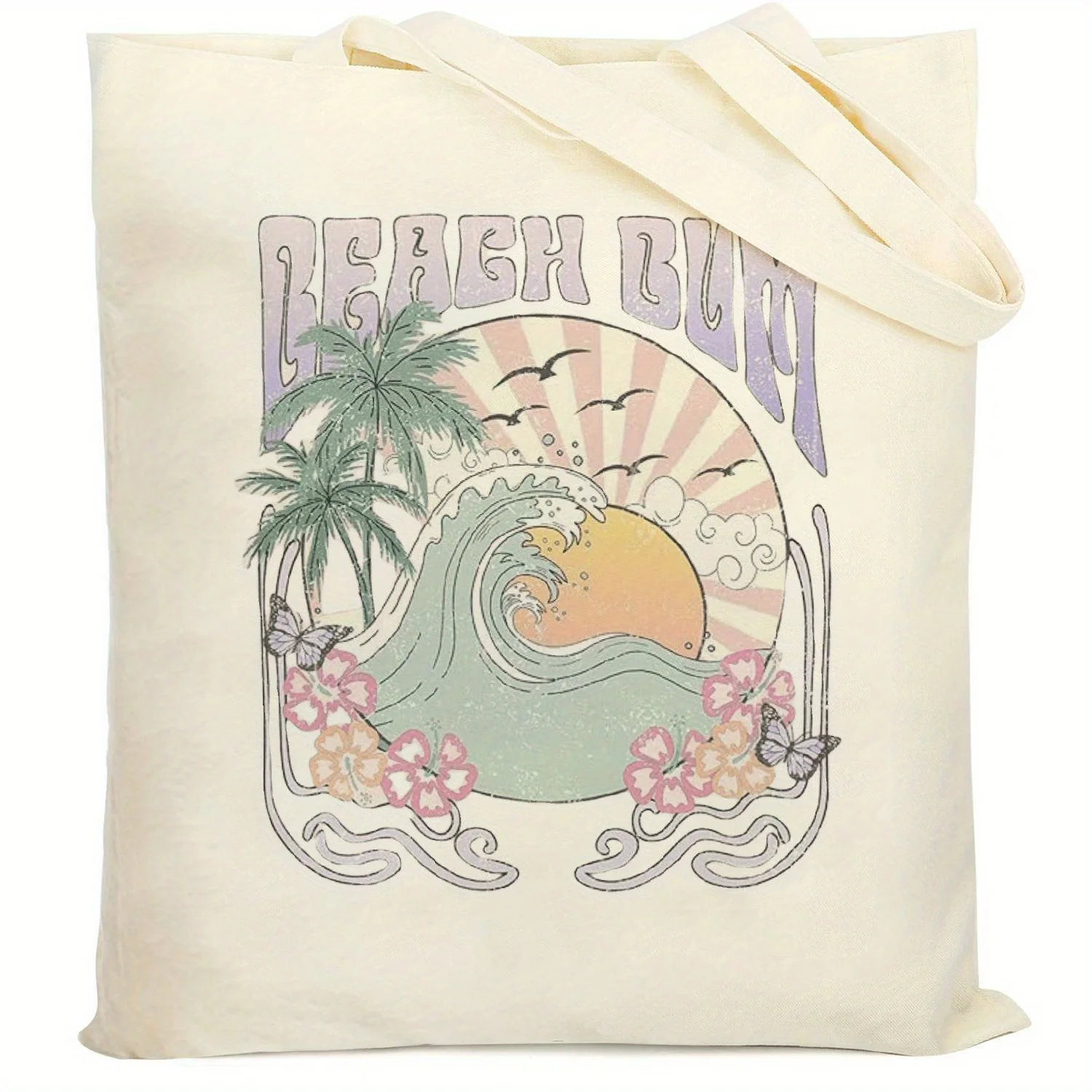 A Beach Scenery Print Canvas Tote Bag, Suitable For Daily Use, Shopping, School, And Travel