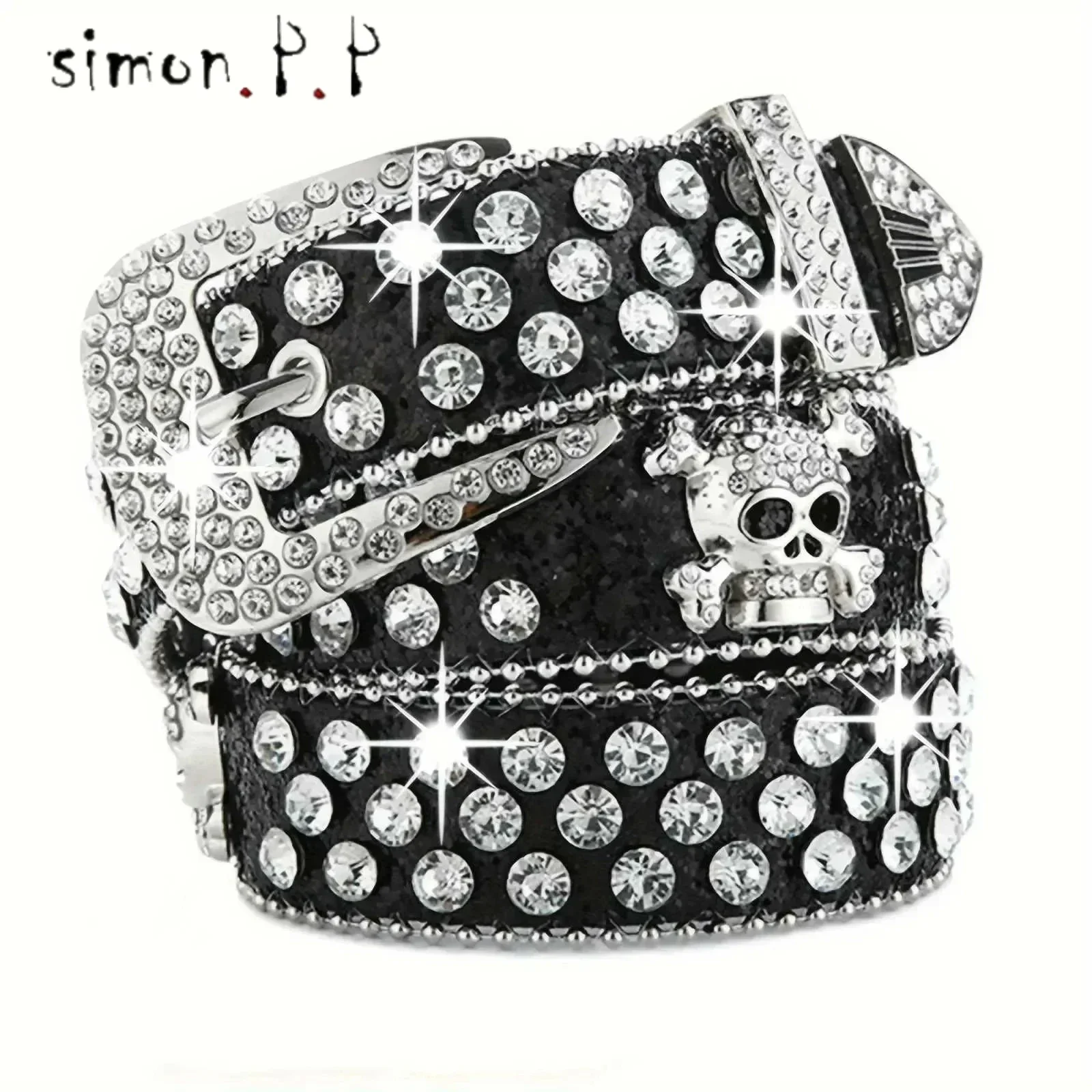 Belts Skull Rivet Rhinestone Bb Belts Trendy Solid Color Sparkling PU Leather Belt Cowboy Cowgirl Jeans Belt for Women Girls