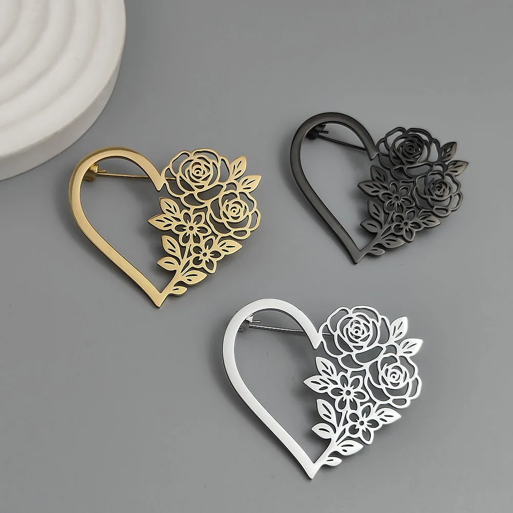 316L Stainless Steel Plated 18K Gold Heart‑Rose Brooch Lapel Pin for Jacket Backpack Unisex Jewelry Gift