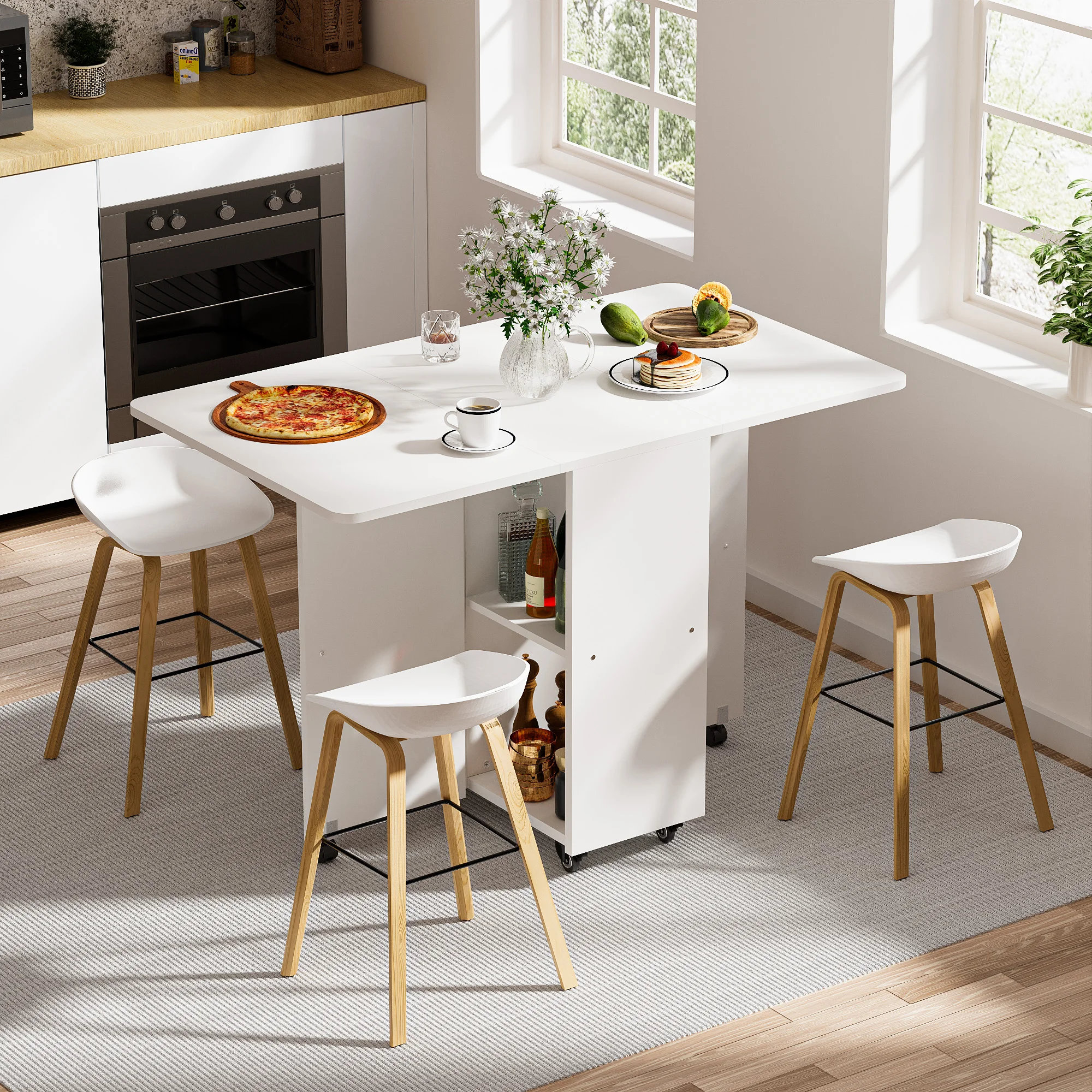 White Folding Table With Wheels Mobile Folding Dining Table With Shelf Wood Extendable Dining Storage Table For Kitchen