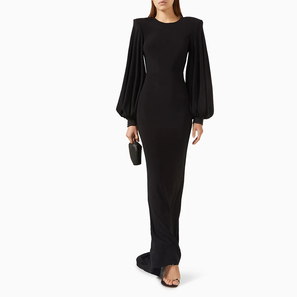 Schwarzes Abendkleid im Meerjungfrau-Stil, lange Laternenärmel, Abendkleid, Trompete, formelles Partykleid, bodenlanges Saudi-Kleid