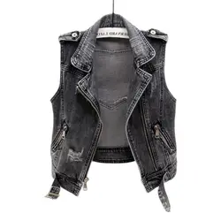 Denim Women Vest Female Spring Autumn Sleeveless Wild Tops Short Jacket Girls Ripped 5xl Gray Jean Cowboy Waistcoat Hole