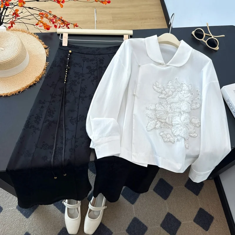 New Chinese Style Hanfu National Trend Heavy Embroidery Lapel Long Sleeve Loose Wide Leg Pants Set Women's Ethnic Clothing