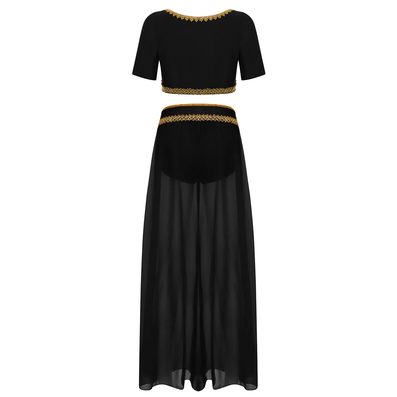

Women Belly Dance Costume V Neck Crop Top And High Slit Chiffon Skirt Set with Gold Trim for Middle Eastern Indian Performance