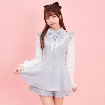 Sc Pak Japanse Mijn In Massa Geproduceerde Lolita Meisje Lieve Strik Kanten Overhemd Jurk Met Lange Mouwen Shorts Culottes 2-delige Set Damesoutfits