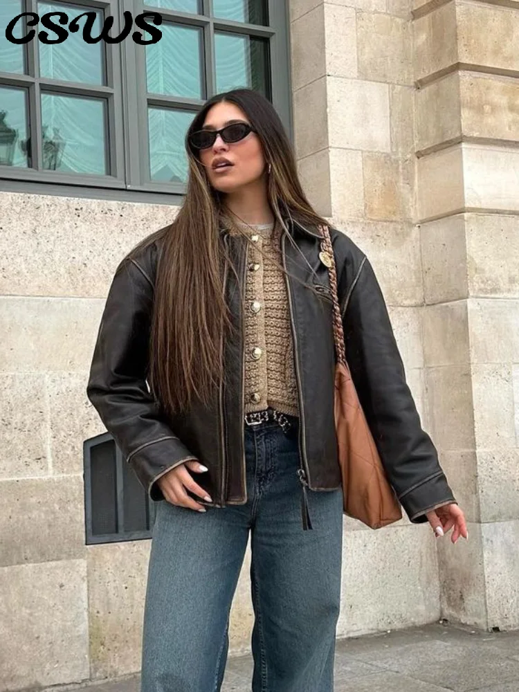 

Женская куртка из искусственной кожи в стиле ретро, повседневное женское пальто с длинными рукавами и лацканами на молнии, лоскутное женское пальто, осень 202, однотонная женская верхняя одежда
