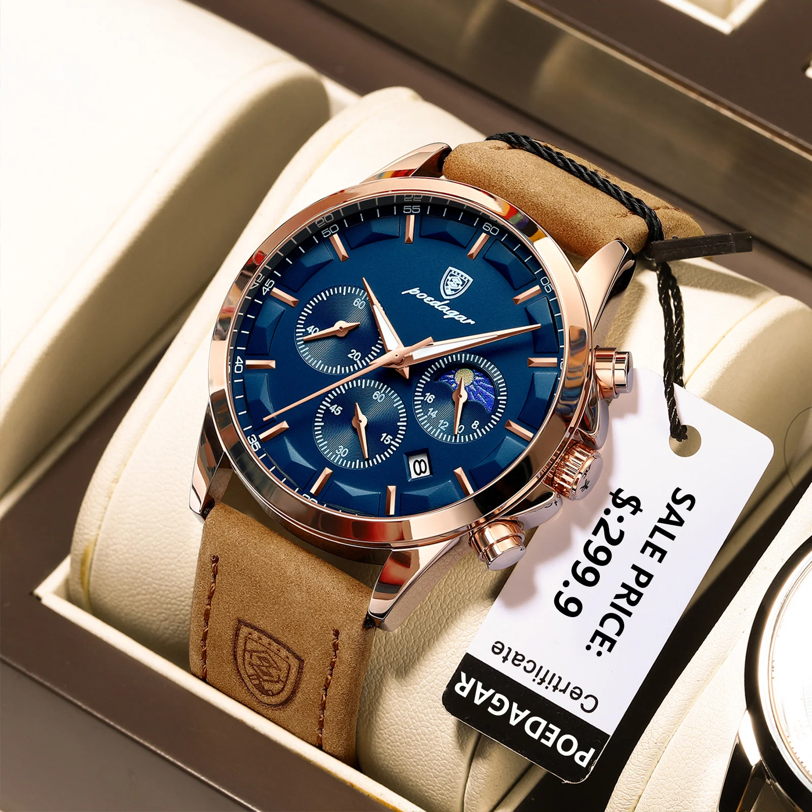 POEDAGAR New Original Men's Watches Casual Fashion Quartz Watch for Man Waterproof Leather Luminous Date Chronograph Male Clock