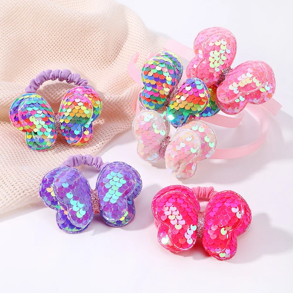 2Pcs Sequins Bows Hairbands Hair Ties Set Girls Shiny Butterfly Rubber Band Glitter Headband Kids Headwear Baby Hair Accessories