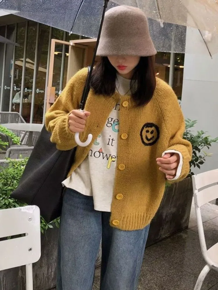 Fashion Loose Smiling Face Cardigans Women Spring Autumn New O-neck Zipper Sweaters Y2k Grunge Long Sleeve Knitted Cardigan