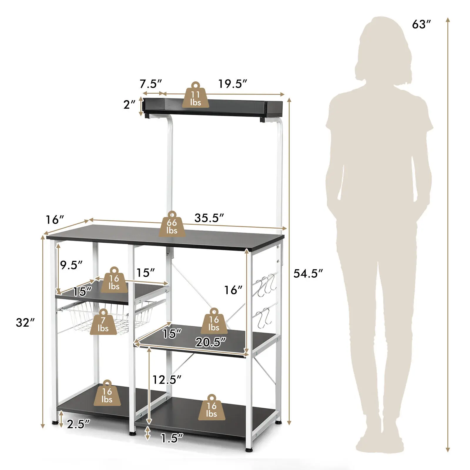 Costway 4-Tier Kitchen Baker's Rack Microwave Stand w/Basket & 5 Hooks Black