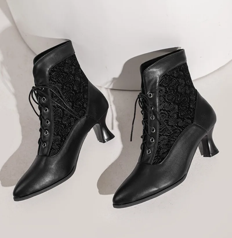 Women Ankle Boots Leather Lace Heel Shoes for Women Fashion Lace Up Spliced Ladies High Heels Woman Boots Ankle 46