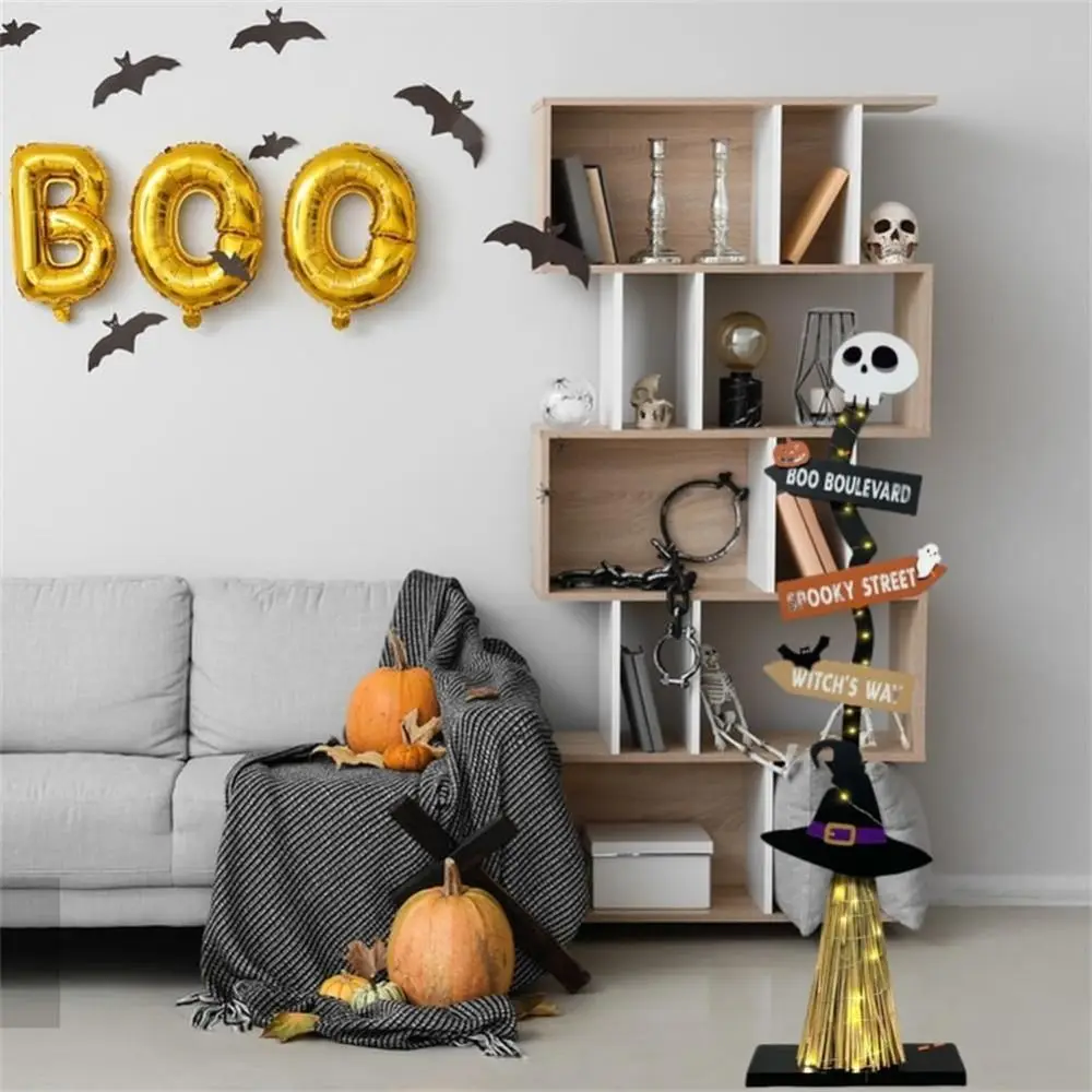 Ghost Halloween Witch Broom Decor Wooden Garden Decor Lighted Halloween Witch’s Broom With Base Witch Broom With Bat