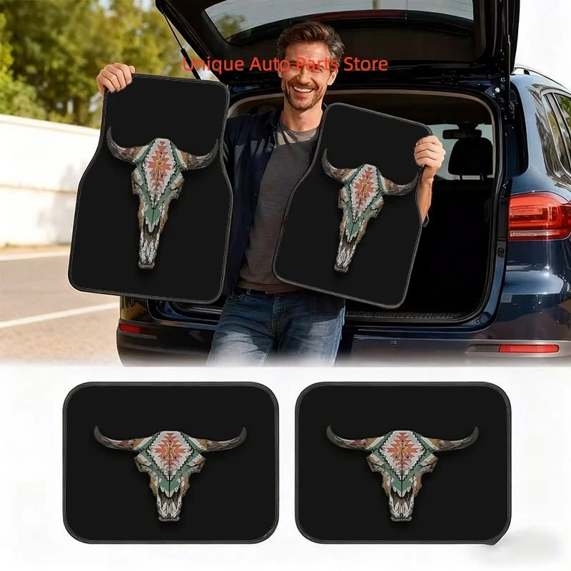 4pcs Car Floor Mats and Trunk Mat, Multiple Sizes Available, Stylized Bull Skull Design, Material, Suitable for Trucks