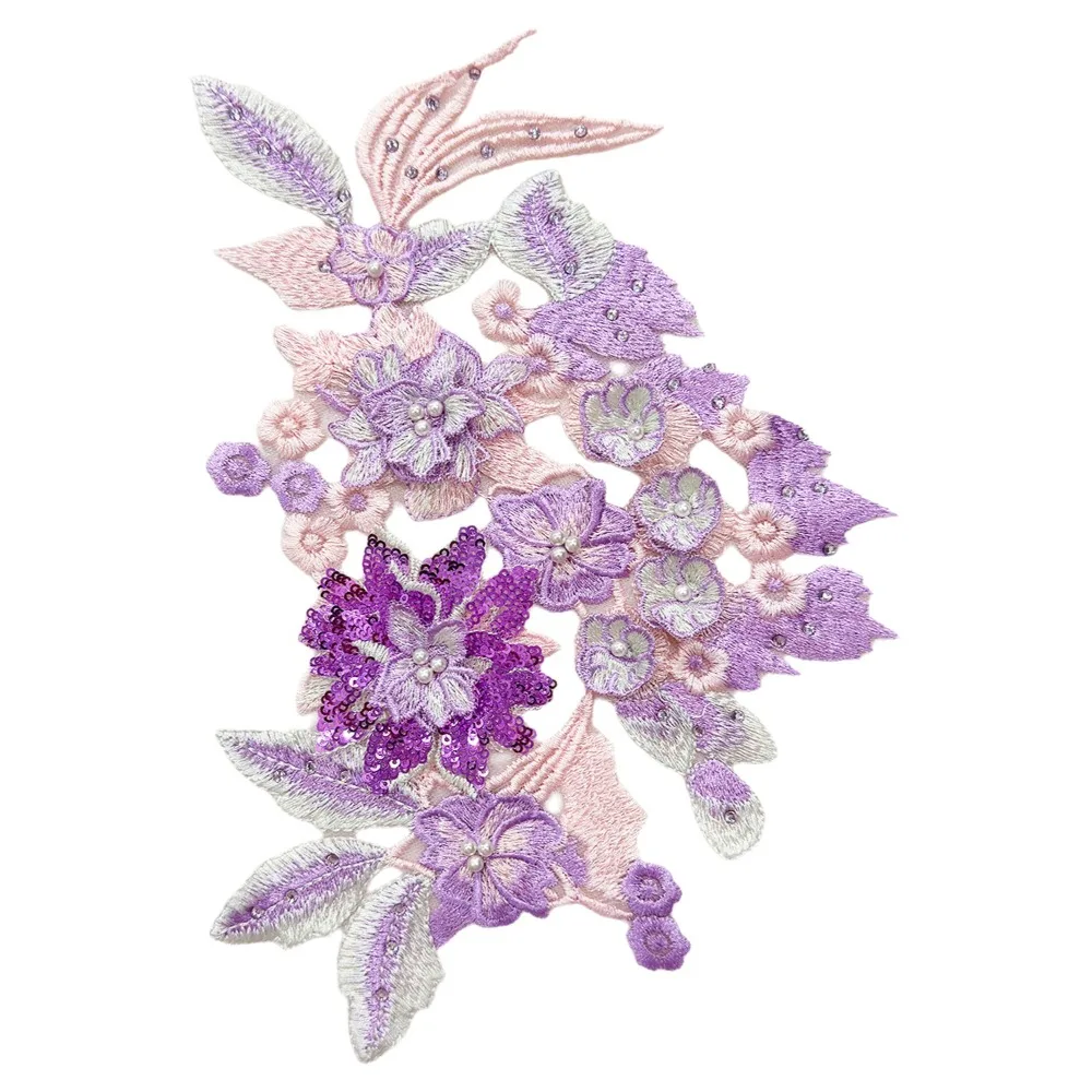 

Elegant Embroidery Bead Patches Three-dimensional Polyester Clothing Applique Delicate Flower Embroidered Patches