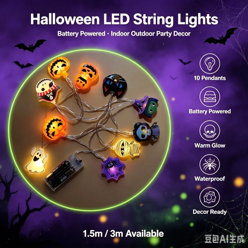 LED Halloween Fairy Lights, Battery Powered Ghost Pumpkin Cat Spider Witch Mummy String Light for Home Party Decoration