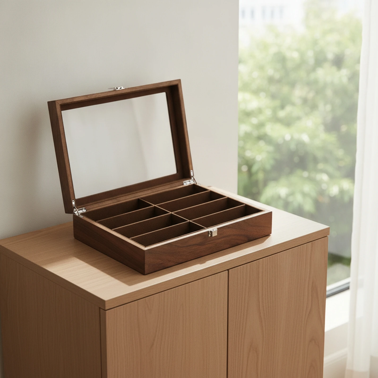 Wood Storage Box with Glass Lid Clear 8-Compartment Organizer for Collectors, Dresser, Desk