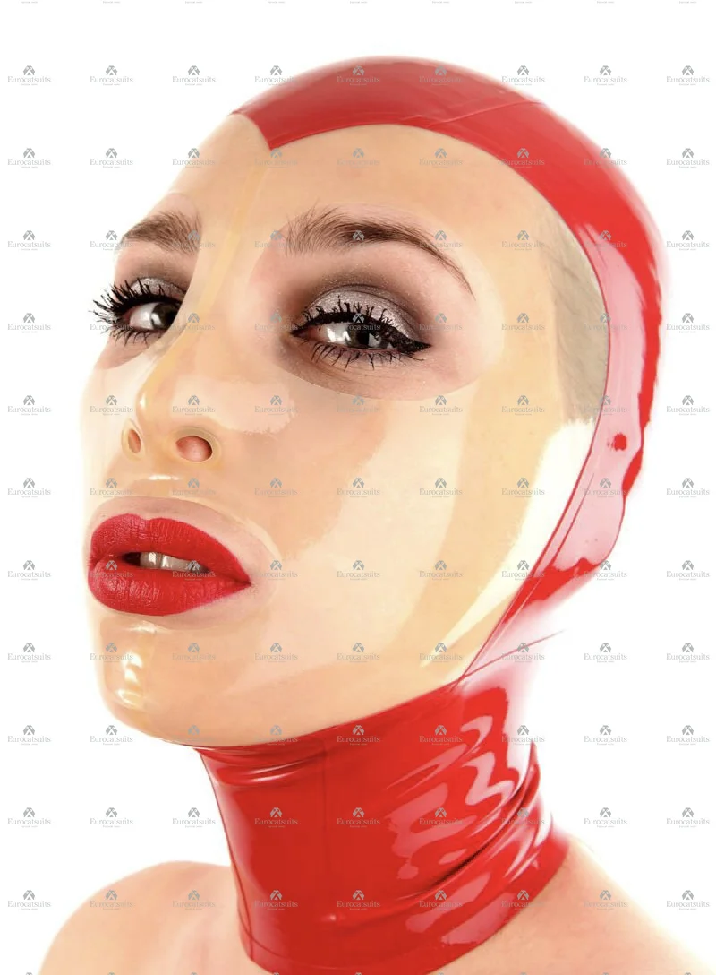 

Latex Mask with Transparent Clear Face Rubber Headwear Hood Red Latex hood with micro perforations