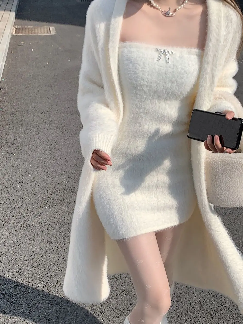 Winter Knitted Suits Women Y2k Clothing Korean Fashion 2 Piece Dress Sets Female Casual Cardigan Coast + Mini Dress Vintage