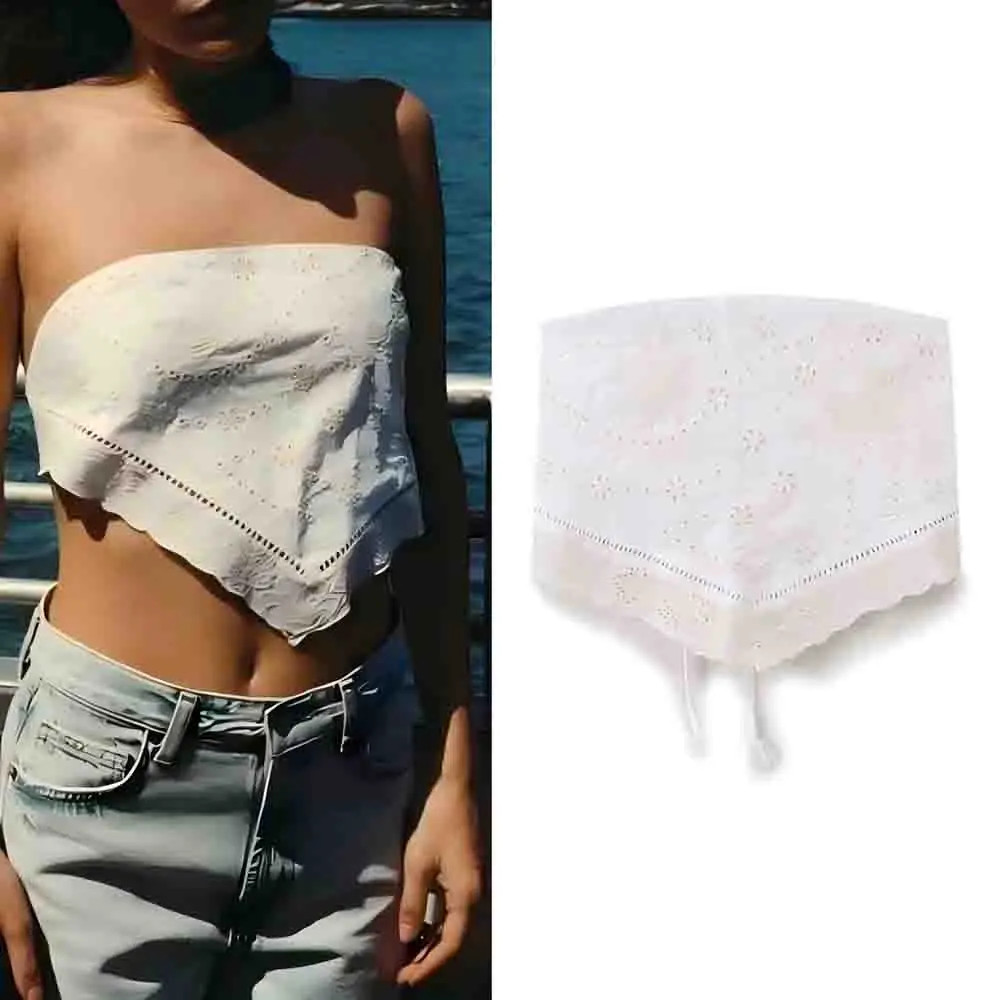 

Women's summer fashion short floral embroidery strapless top retro backless lace up women's vest chic top