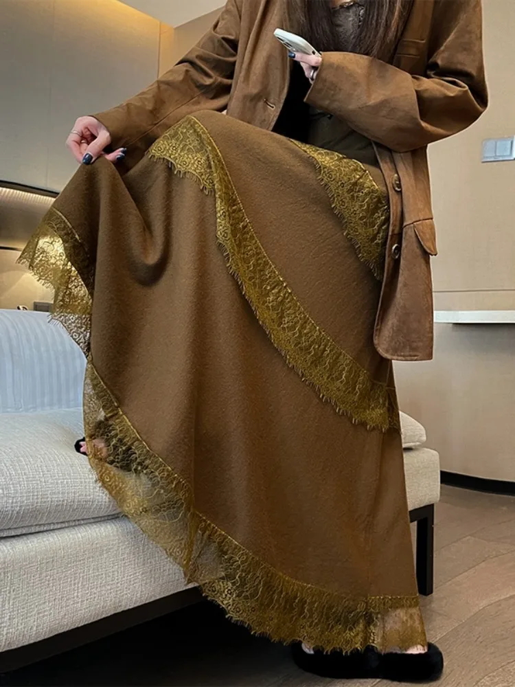 Spitze Gestrickte Kuchen Rock Hohe Taille A-Line Langen Rock frauen Herbst Winter Ele Drapierte Fulln Abnehmen f-länge Rock