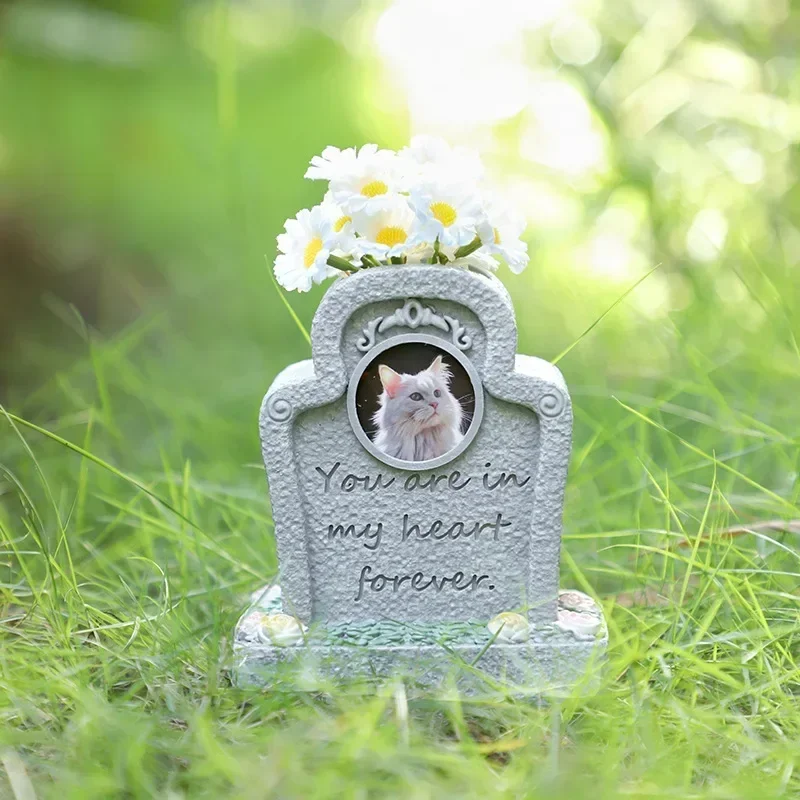 Resin Pet Tombstone Floral Engraved Memorial Plaque  Photo Holder for Cats and Dogs  Fresh Flower Insertable Tribute