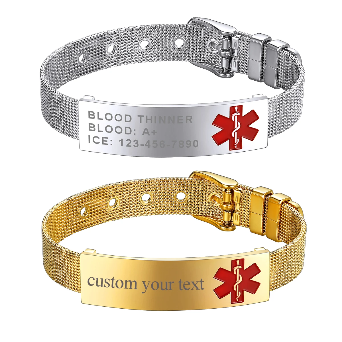 U7 Custom Stainless Steel 14.5-18.5cm Watchband Type Bangle Medical Alert Band ID Bracelets Medical Emergency Info Jewelry Gift