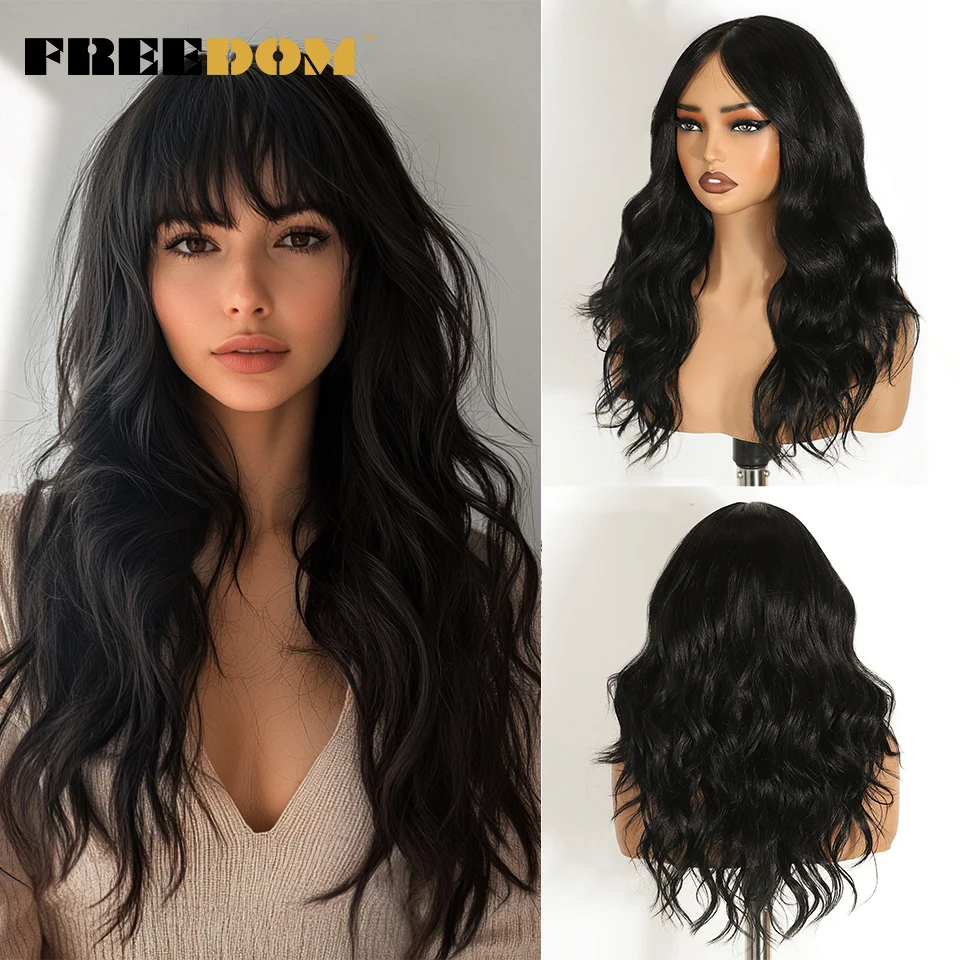 

FREEDOM 6x4 Pre Plucked Synthetic Lace Front Wigs For Women 20" Ombre Blonde Wavy Lace Wig With Bangs Wear And Go Glueless Wigs
