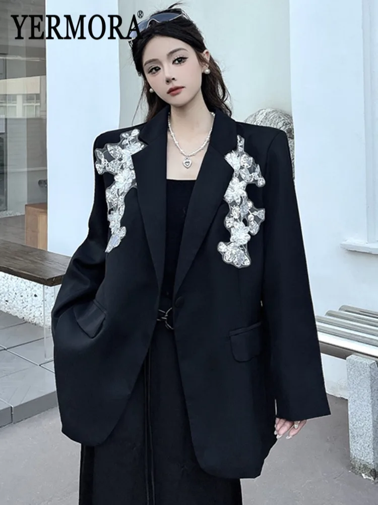 

YERMORA Black Sequins Embroidery Casual Blazer For Women Lapel Long Sleeve Loose New Jacket Fashion Tide Spring Autumn 2025