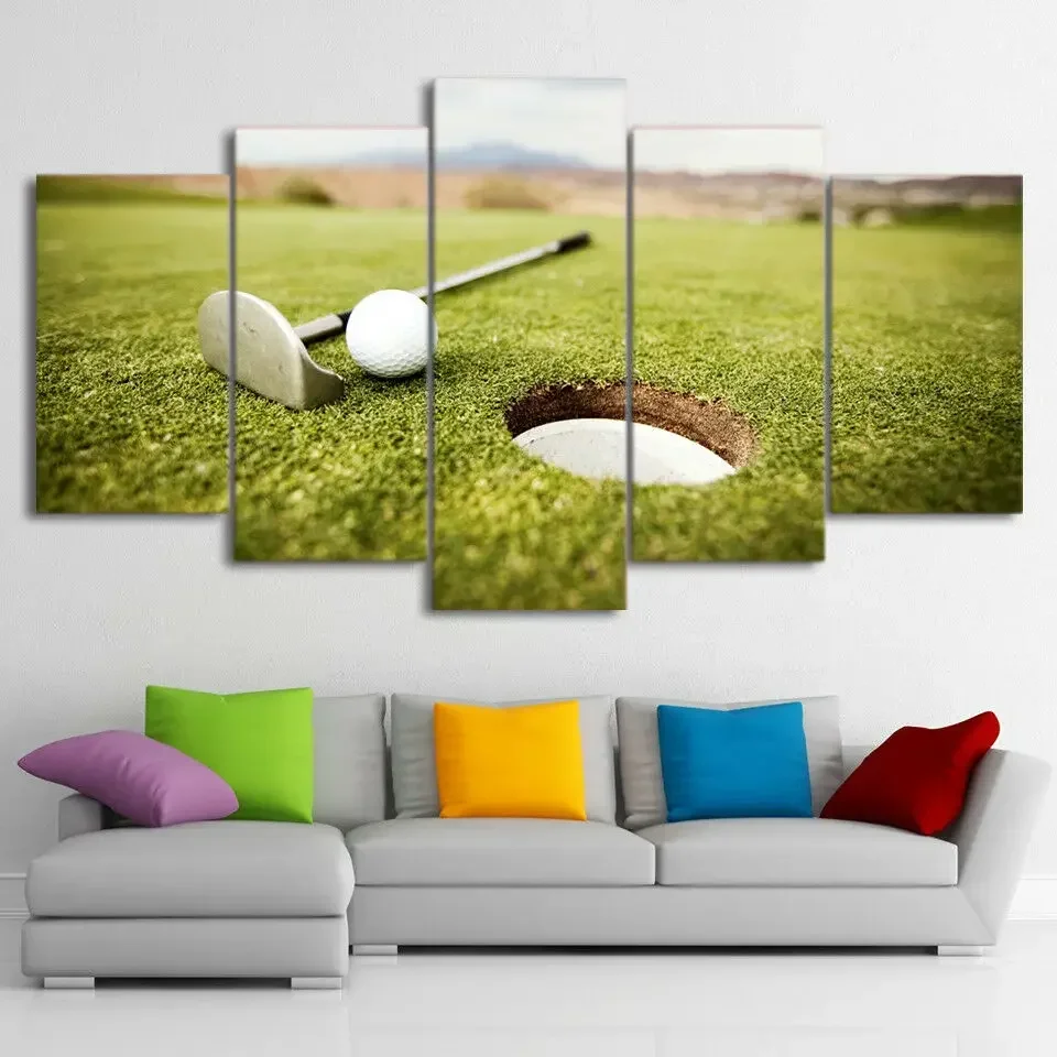 5 Panel Golf Ball Iron Putter Near Hole Golf Course Poster Wall Art Canvas Pictures Home Decor HD Print Room Decoration Painting