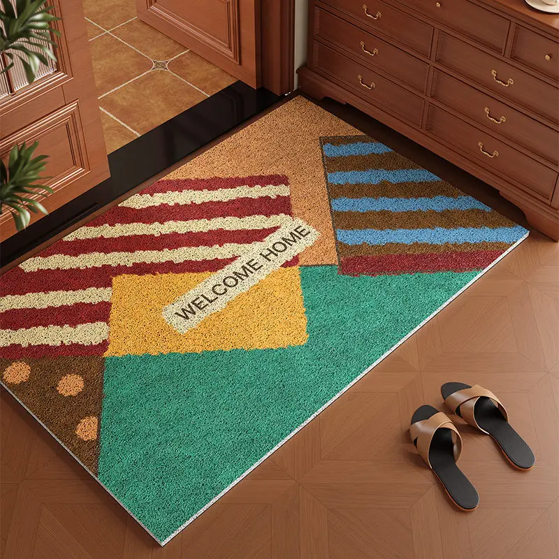 American-style Geometric PVC Silk Ring Entrance Door Mat Scraping Sand Dirt Resistant Anti Slip Floor Mat Easy Clean alfombra