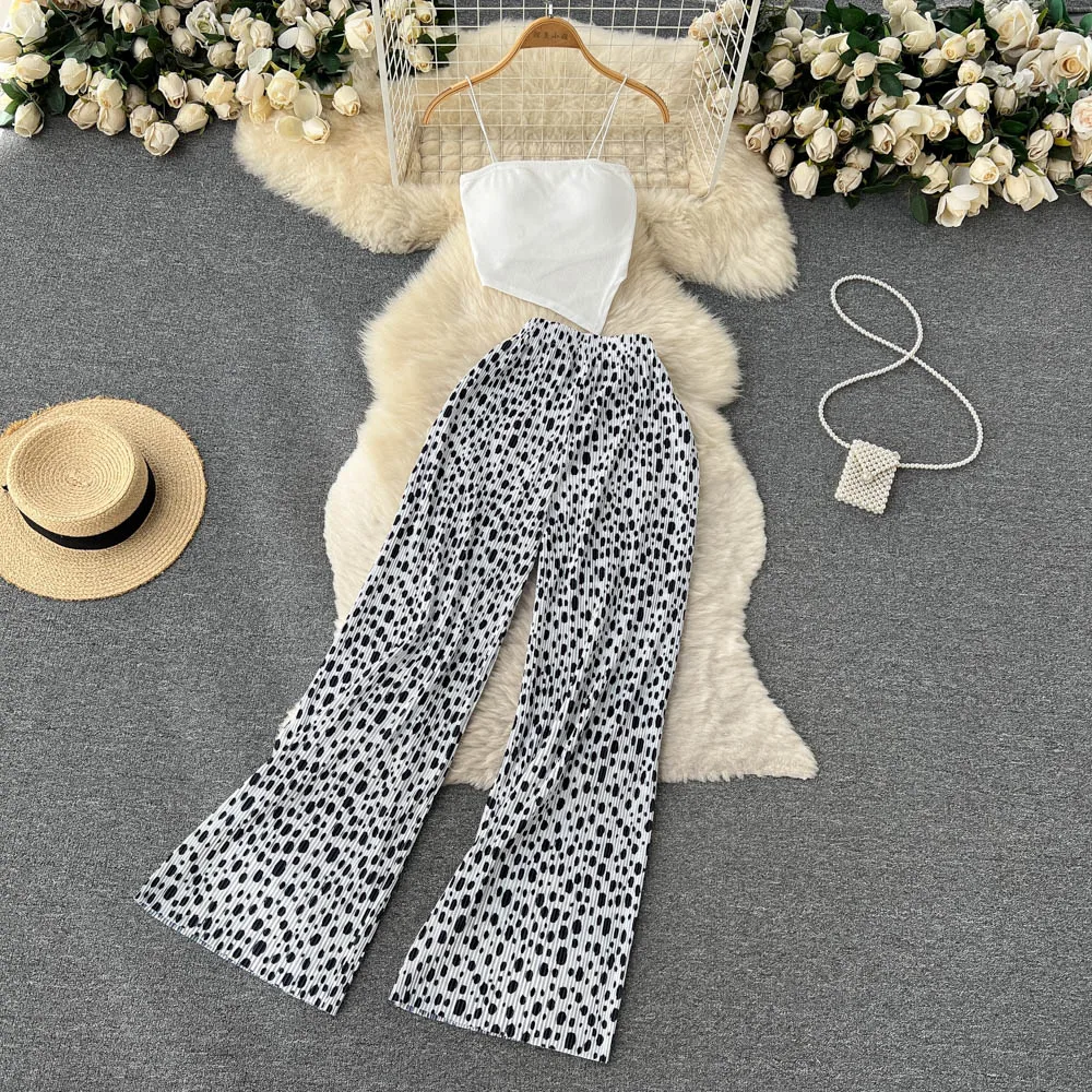 Conjunto de 2 piezas para mujer, Top corto con tirantes finos y pantalón, elegante, Floral, informal, para vacaciones en la playa