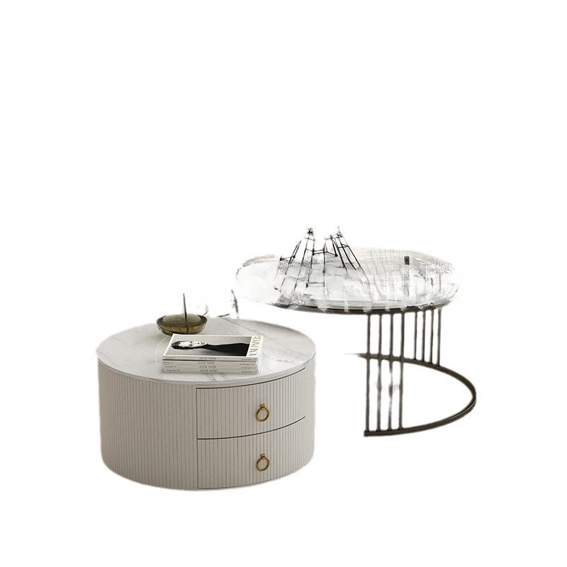 

Slate coffee table, living room household high-end round tempered glass light luxury coffee table storage set simple small apa