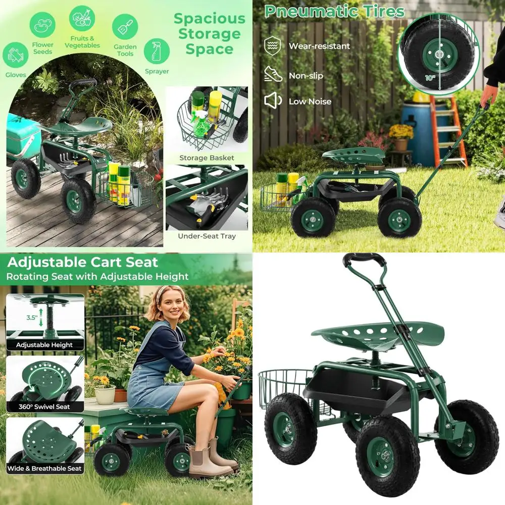 Gerobak Kebun dengan Ketinggian yang Dapat Disesuaikan dan Putaran 360 Derajat °   Kursi Putar, Keranjang Penyimpanan, dan Pegangan yang Dapat Diperpanjang untuk Berkebun yang Serbaguna