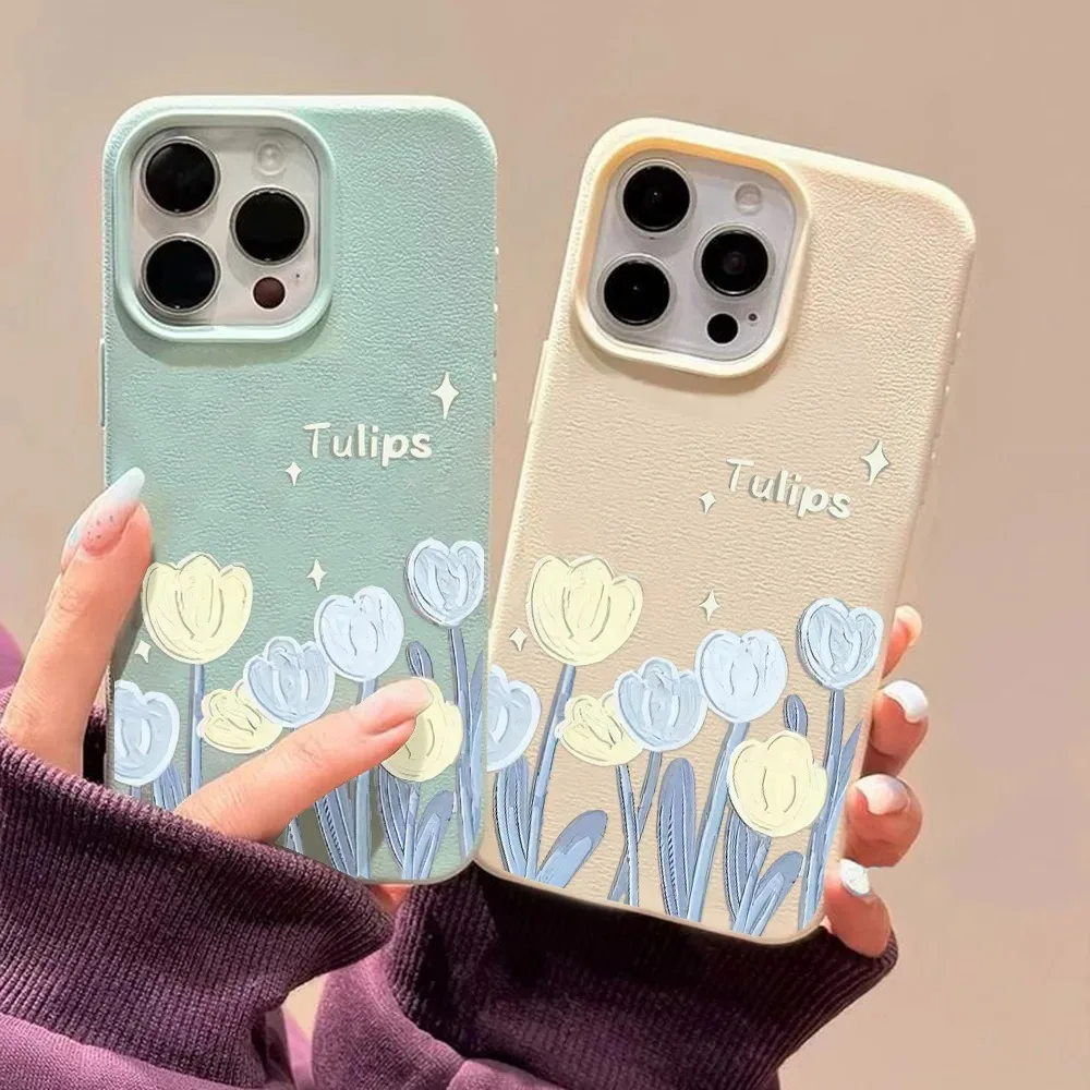 Tulip Flower Phone Case For iPhone 14 15 16 Pro Plus 11 12 13 Pro Max Shockproof Matte Candy Color Soft Leather Back Cover