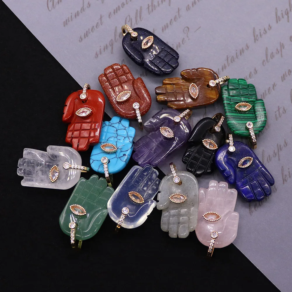 Personalized Polished Palm-shaped Agate Pendant Evil Eye Inlay and Single Hole Natural Stone Crystal Material DIY Accessory