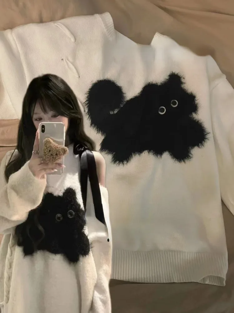 Cartoon Cat Vintage Sweater Off Shoulder Aesthetic Fashion Loose Knit Pullovers Harajuku Grunge Casual Y2k Tops Cute Pull Jumper