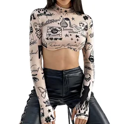 Women's Europe and the United States summer new pattern printing half stand-up collar long-sleeved navel T-shirt tops for women