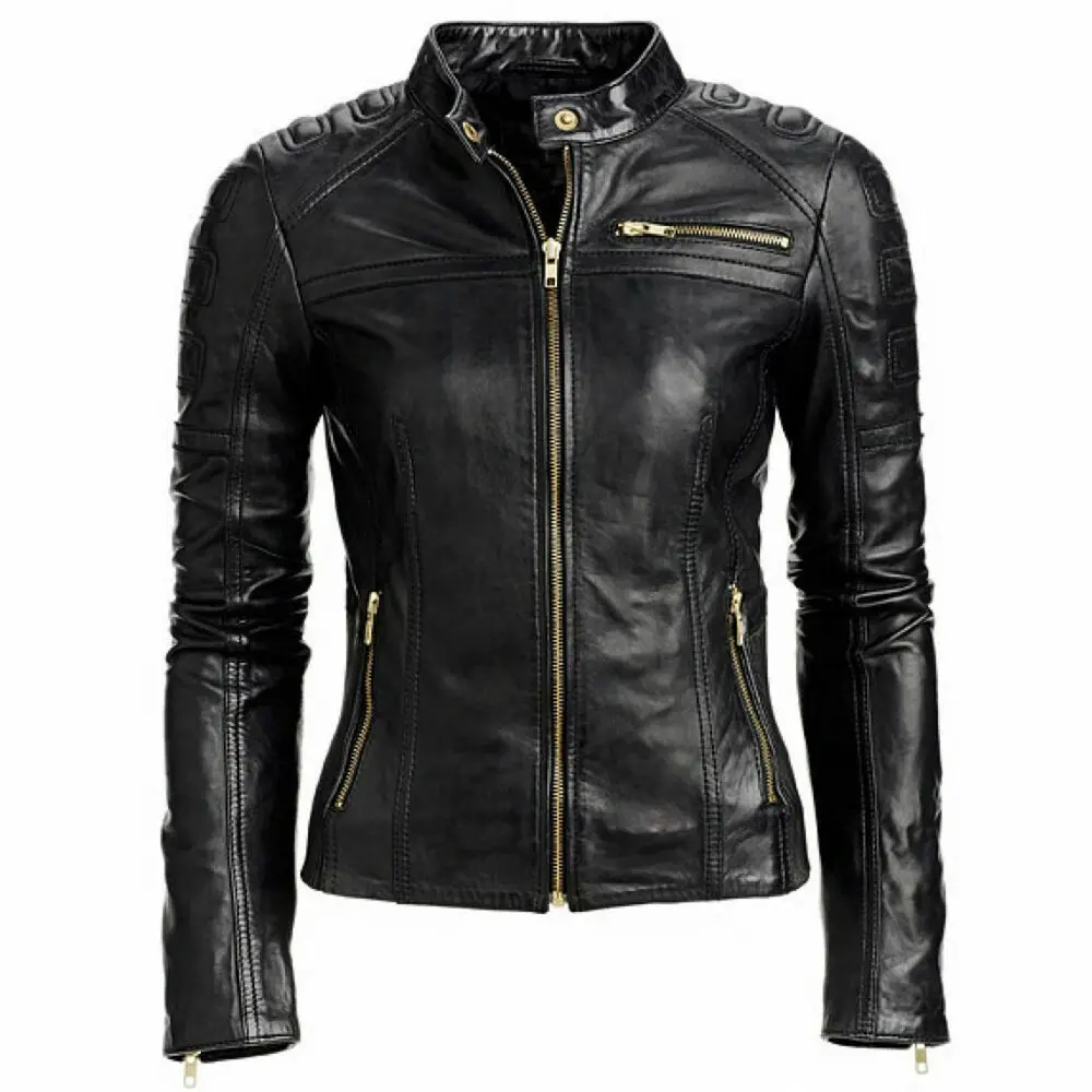 

Women Black Cafe Racer Genuine Leather Motorcycle Slim Fit Rave Biker Jacket Real Leather Coat