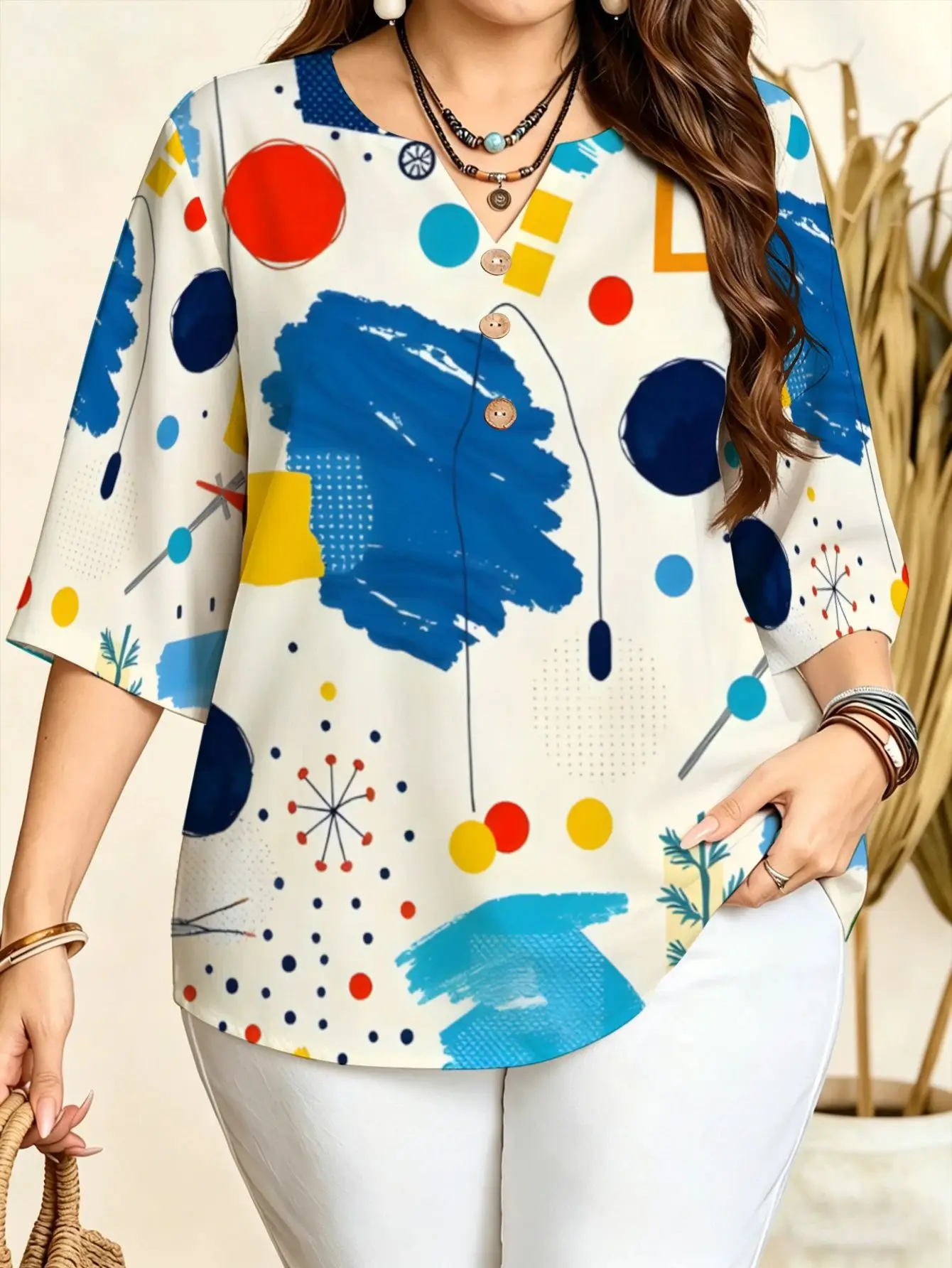 Plus Size Striped Cartoon Print Blouse Notch V Neck 3 Decorative Buttons 3/4 Sleeve Color Block Loose Casual Women Daily Shirt