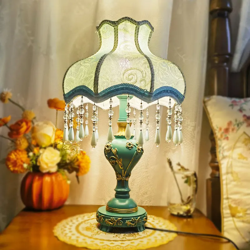 

Blue European Desk Lamp Romantic Creative StudyRoom Bedroom Night Light Luxurious Noble Countryside Living Room Fabric TableLamp