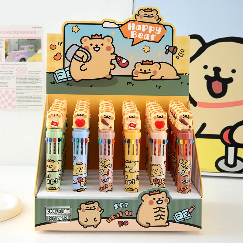 36pcs-set-happy-bear-10-in-1-multi-color-ballpoint-pen-cute-cartoon-10-colors-shuttle-pens-for-school-office-writing-stationery