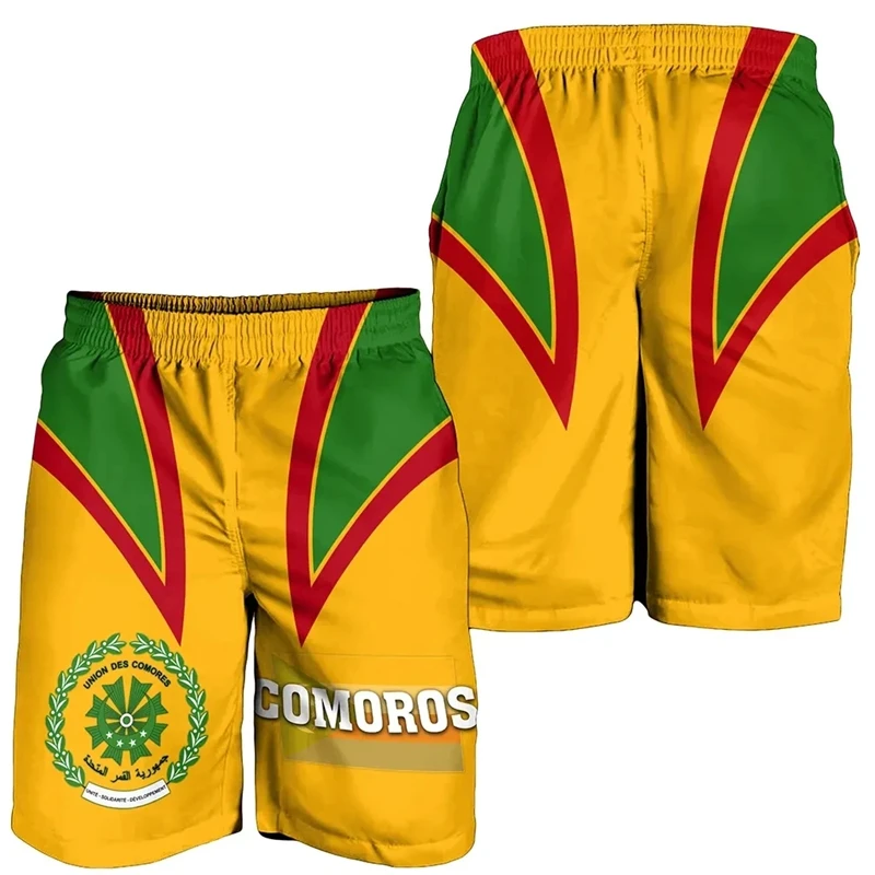 Homens África Comores Mapa Shorts Bandeira, 3D Impresso, Bermudas, Havaiano, Boardshorts, Emblema Nacional, Shorts de Praia, Brasão de Armas, Calças Curtas Masculinas