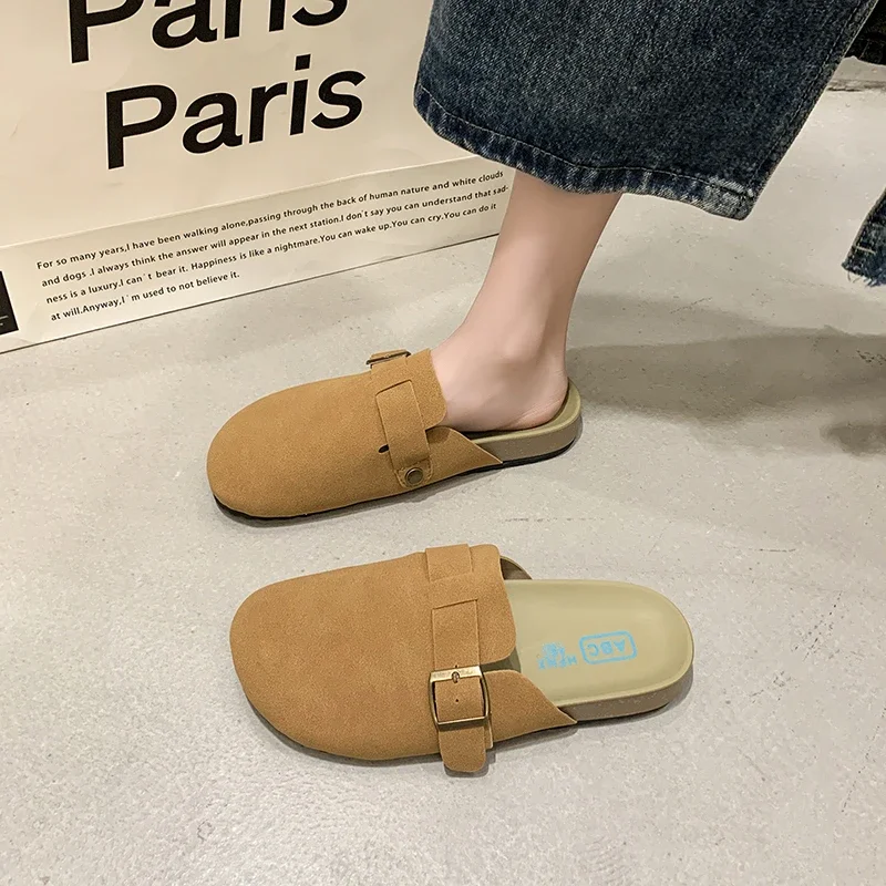 Women'S Closed Toe Slippers Cow Suede Leather Clogs Woman Sandals Retro Fashion Garden Mule Clog Slide Casual Shoes Female