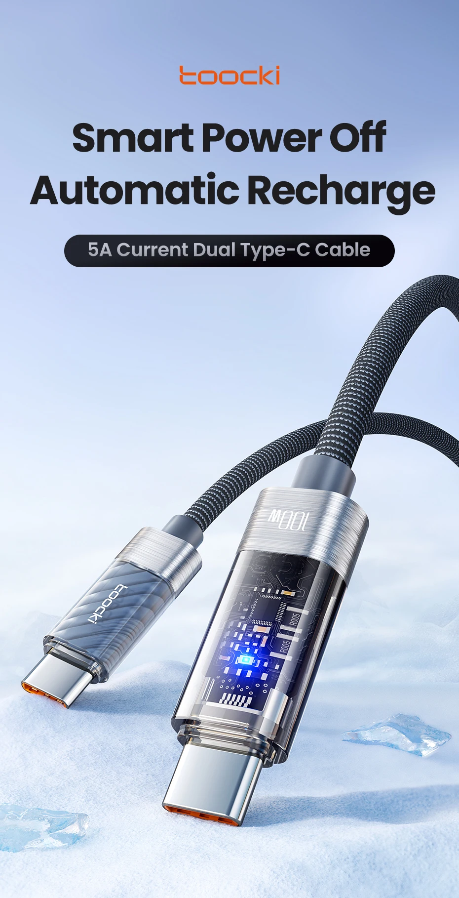 Toocki 100W USB-C-auf-USB-C-Kabel mit automatischer Abschaltung, PD3.1, QC4.0, Schnellladekabel für MacBook, iPhone 16, 15, Samsung S23, S24, Huawei. – Detail 1