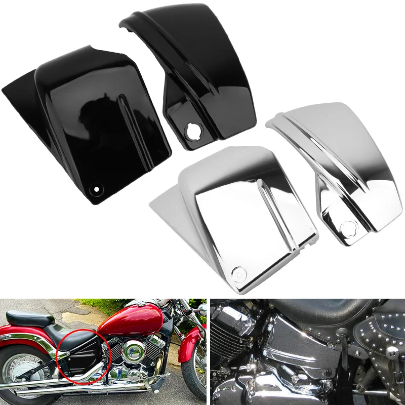 2 pçs motocicleta preto chrome bateria lateral carenagem capa para yamaha v-star xvs400 xvs650 dragstar ds400 ds650 clássico personalizado