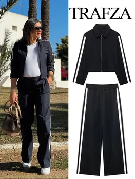 Trafza outono moda feminina terno lapela mangas compridas jaquetas com zíper + cintura elástica perna larga calça longa feminino conjuntos de calças de rua