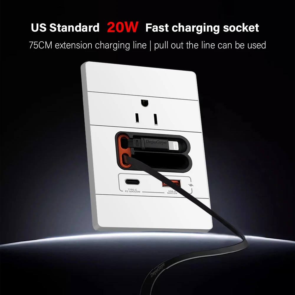 US Thai 20W USB Type-C Fast Charging Socket USB C Port 120*79mm Universal Smart Wall Adapter With Dual Expandable Charging Cable
