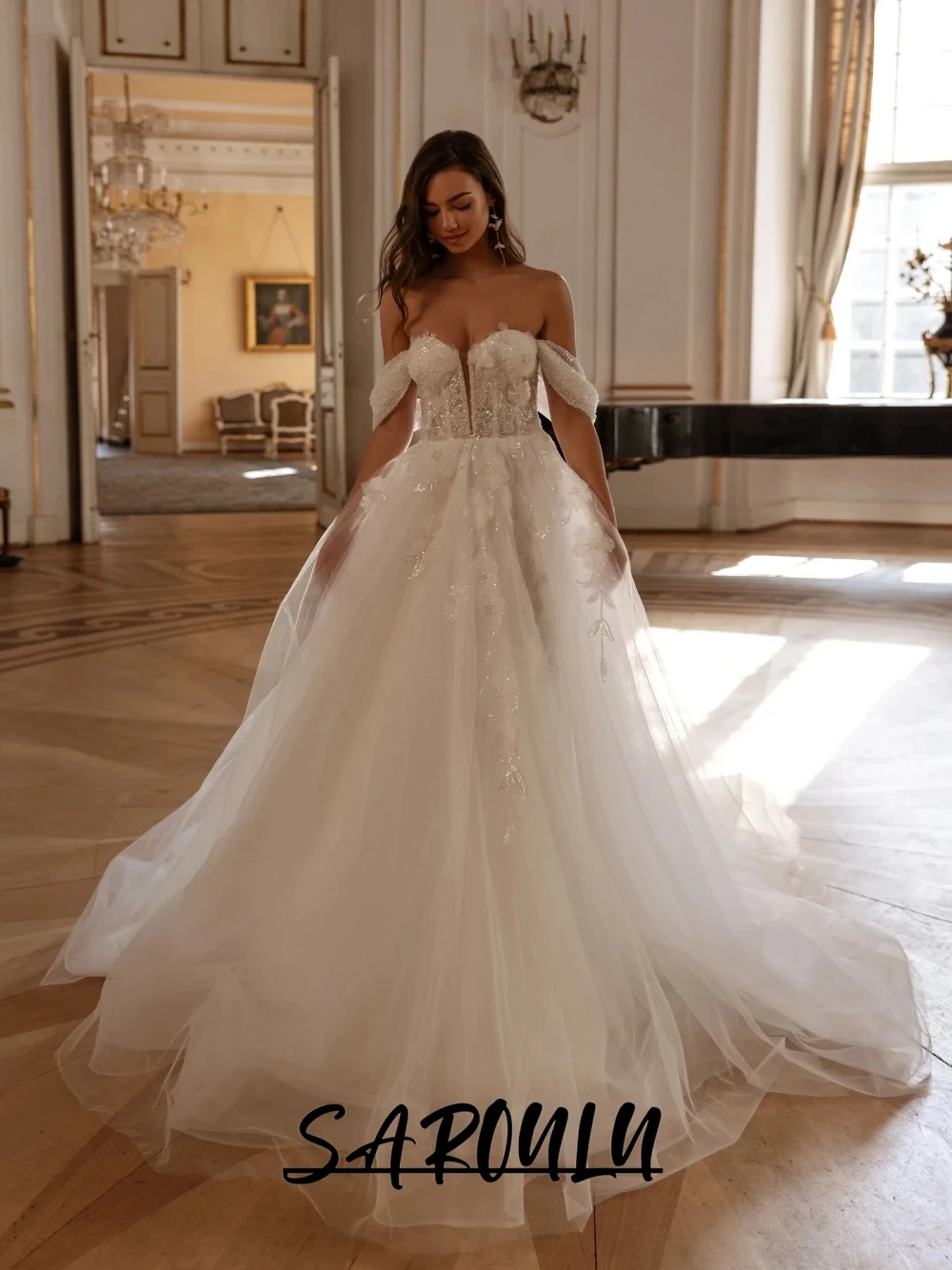Sequined Floral Appliques Wedding Dress, Elegant Ethereal Tulle A Line Long Bride Wear, Off Shoulder, Corset Bodice, Customized