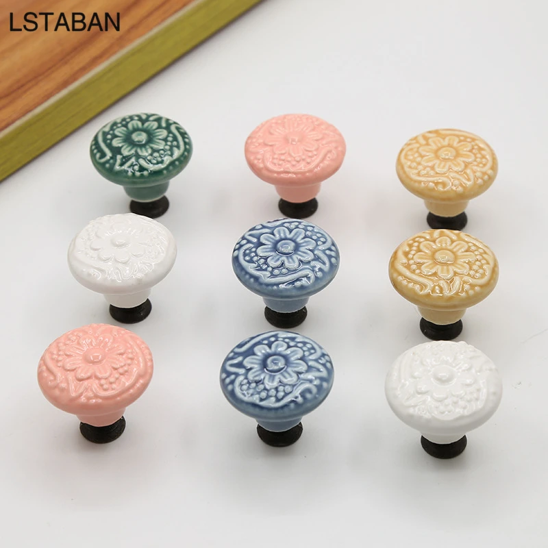 Relief Colorful Ceramic Cabinet Handle Flower Surface Kitchen Door Knob Cupboard Wardrobe Drawer Pull Furniture Hardware Handles
